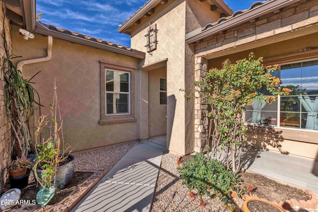 view of exterior entry featuring a patio area, a tiled roof, and stucco siding