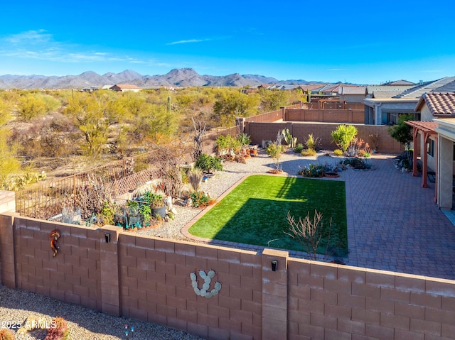 view of yard featuring a fenced backyard and a mountain view