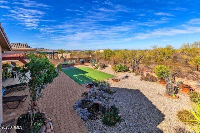 view of yard with a fenced backyard and a patio