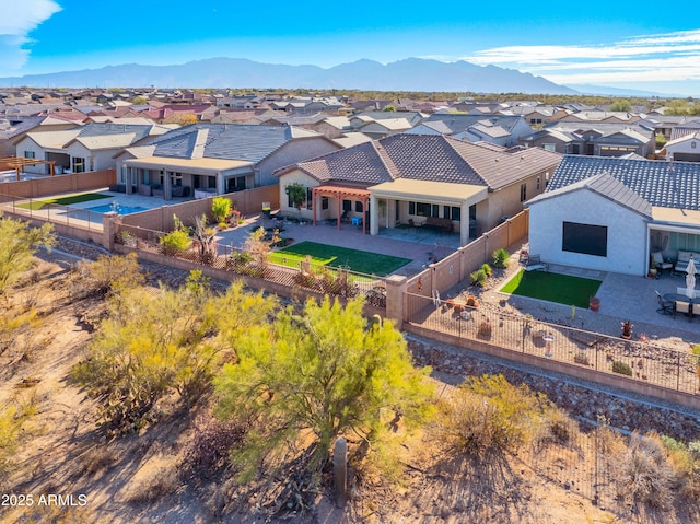 aerial view featuring a residential view and a mountain view