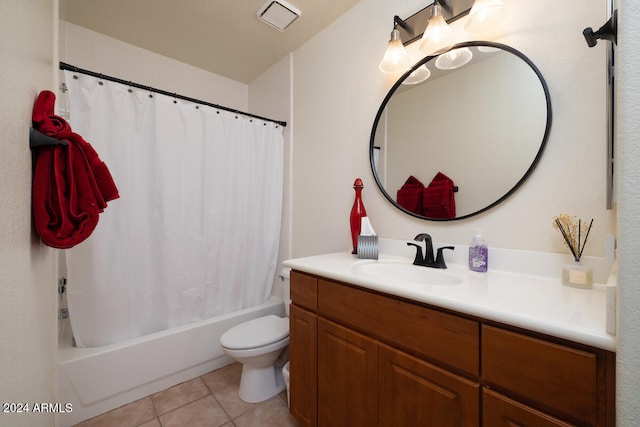 full bathroom with vanity, toilet, shower / bath combo, and tile patterned flooring