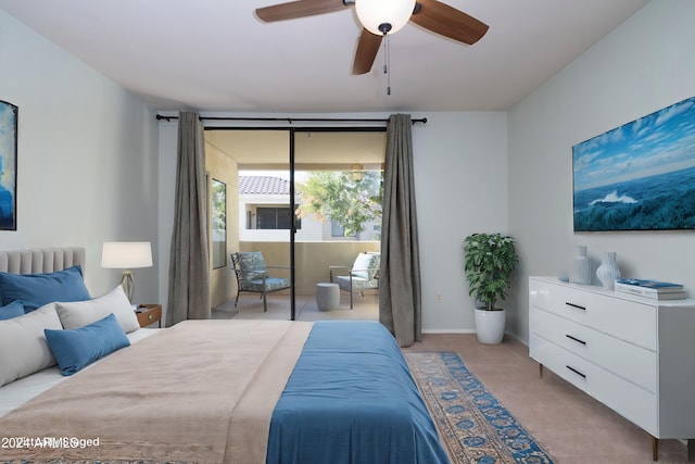 bedroom with light colored carpet and ceiling fan