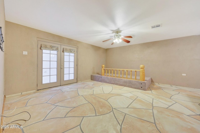 bedroom featuring french doors and ceiling fan