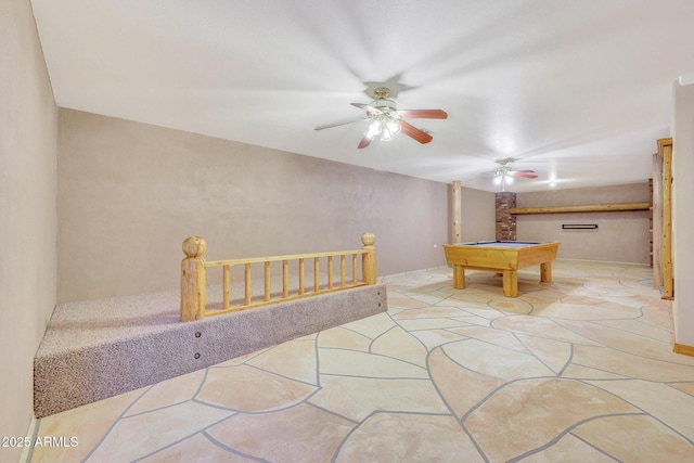 playroom with ceiling fan and billiards