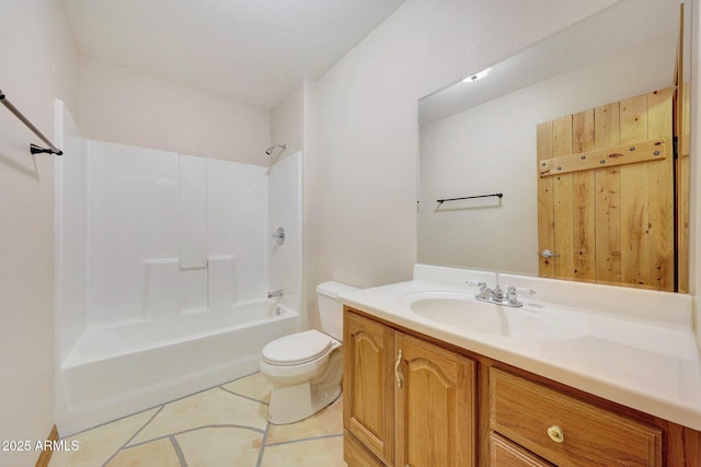 full bathroom with vanity, toilet, shower / bath combination, and tile patterned flooring