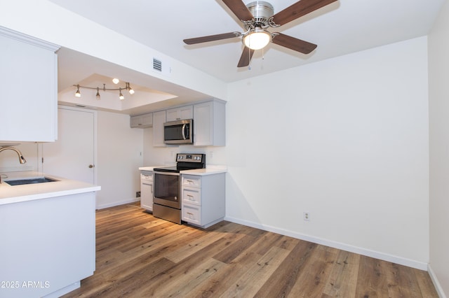 222 W Brown Rd Unit 72, Mesa, AZ 85201 - kitchen featuring appliances with stainless steel finishes, a sink, gray cabinetry, and wood finished floors