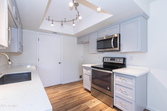 222 W Brown Rd Unit 72, Mesa, AZ 85201 - kitchen featuring stainless steel appliances, a tray ceiling, light countertops, and light wood-style floors