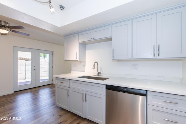 222 W Brown Rd Unit 72, Mesa, AZ 85201 - kitchen featuring stainless steel dishwasher, a sink, french doors, wood finished floors, and light countertops
