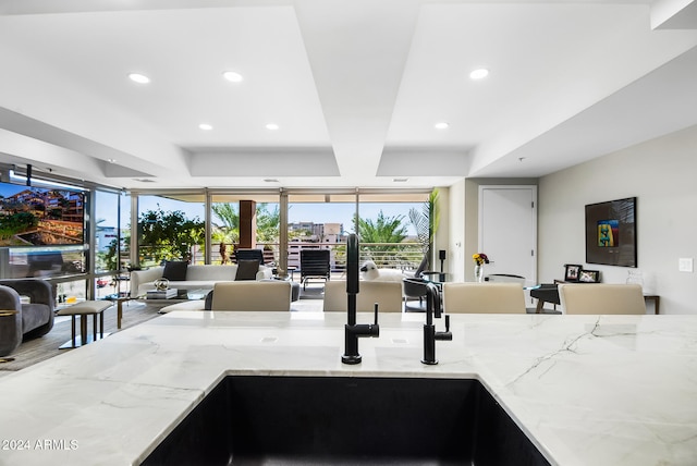 kitchen with sink, hardwood / wood-style floors, light stone counters, and expansive windows