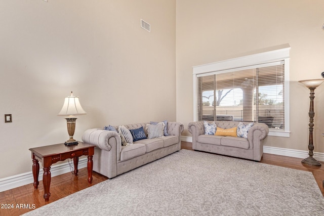 living room featuring wood-type flooring and a high ceiling