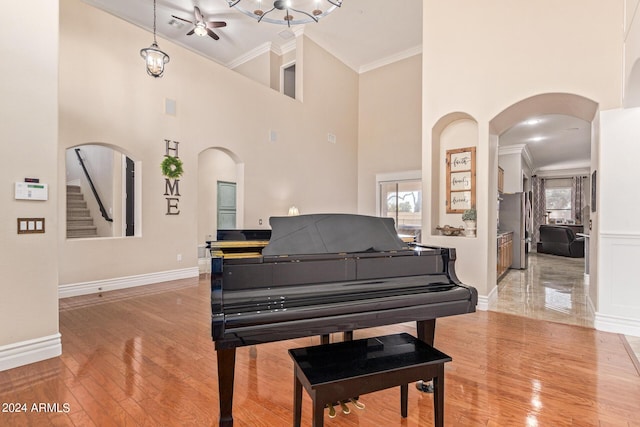 misc room featuring a healthy amount of sunlight, a towering ceiling, ornamental molding, and light hardwood / wood-style floors