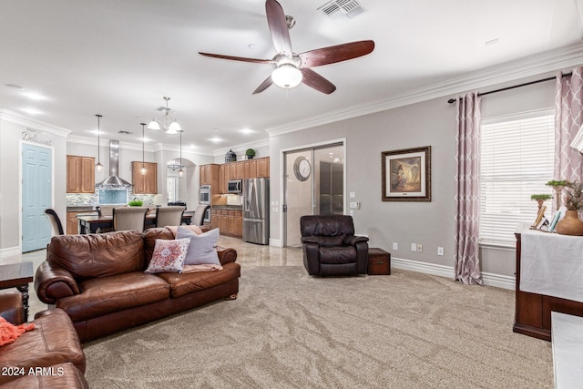 living room with crown molding, light colored carpet, and ceiling fan with notable chandelier