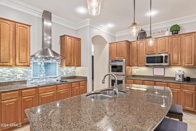 kitchen featuring wall chimney exhaust hood, stainless steel appliances, a kitchen island with sink, and sink