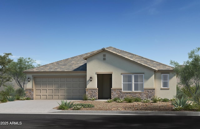 view of front facade featuring driveway, stone siding, an attached garage, and stucco siding