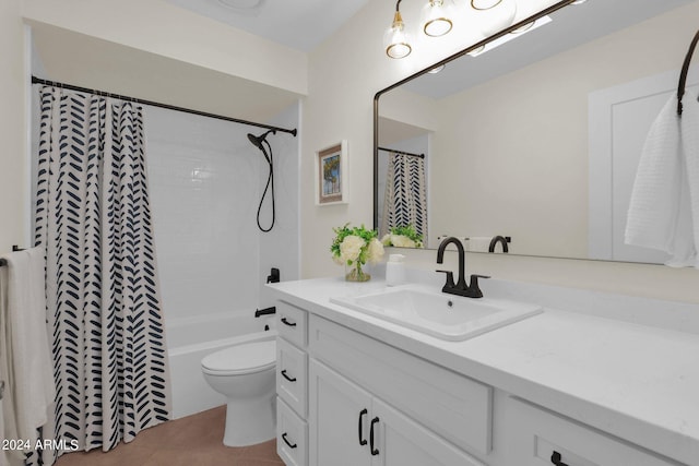 full bathroom with shower / bath combination with curtain, tile patterned flooring, vanity, and toilet