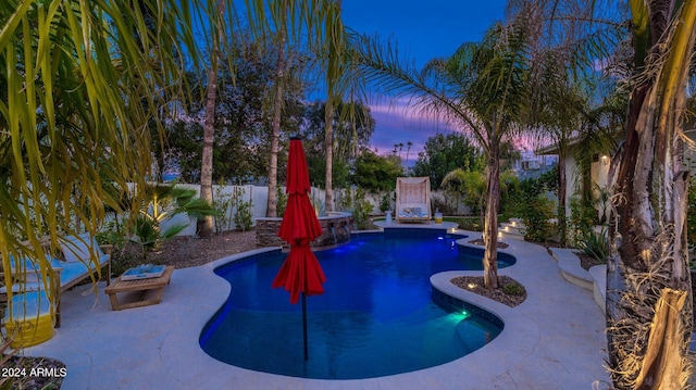 pool with a patio area and a fenced backyard