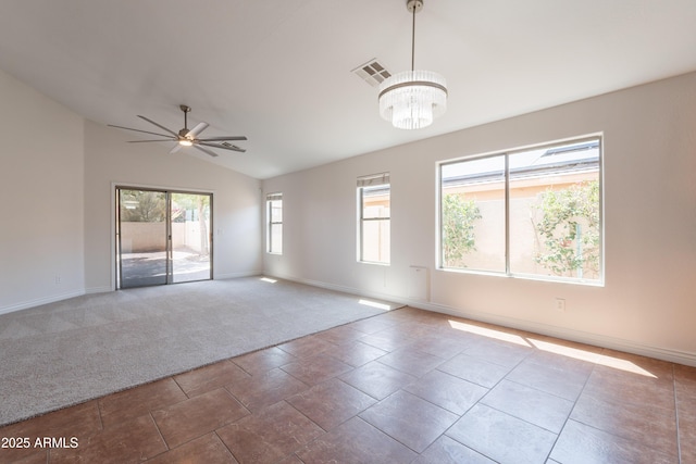41767 W Somerset Dr, Maricopa, AZ 85138 - carpeted empty room featuring lofted ceiling, a chandelier, and a ceiling fan