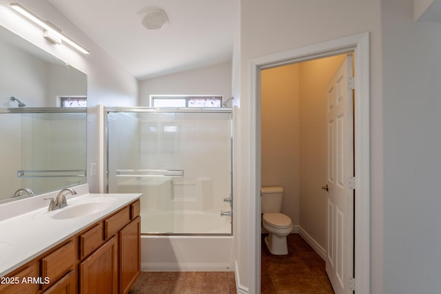 41767 W Somerset Dr, Maricopa, AZ 85138 - bathroom with vanity, shower / bath combination with glass door, lofted ceiling, and tile patterned floors