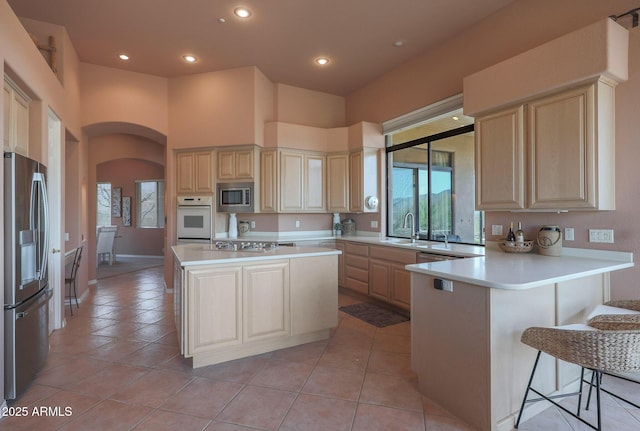 kitchen with appliances with stainless steel finishes, arched walkways, a sink, and light countertops