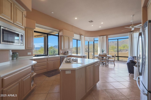 kitchen with stainless steel appliances, a wealth of natural light, light countertops, and a kitchen island