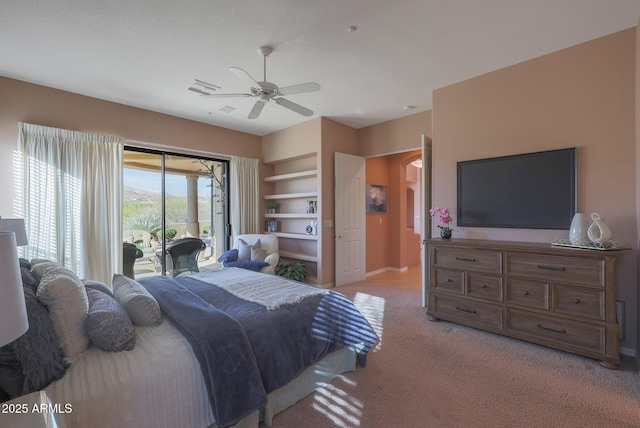 bedroom featuring access to exterior, light carpet, ceiling fan, and visible vents