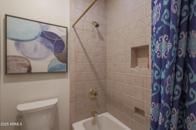 bathroom with toilet and shower / bathtub combination with curtain