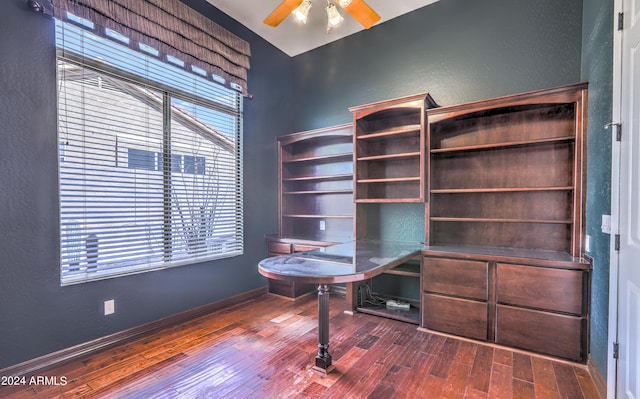 home office featuring ceiling fan and wood-type flooring