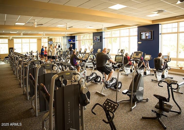 workout area with a paneled ceiling