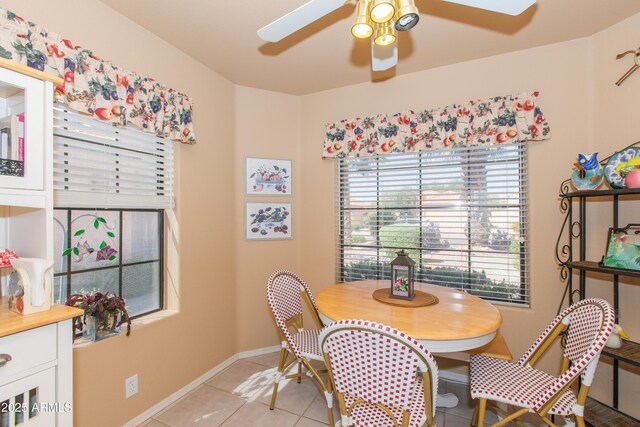 17342 E Quail Ridge Dr, Fountain Hills, AZ 85268 - dining space with a ceiling fan, light tile patterned flooring, and baseboards