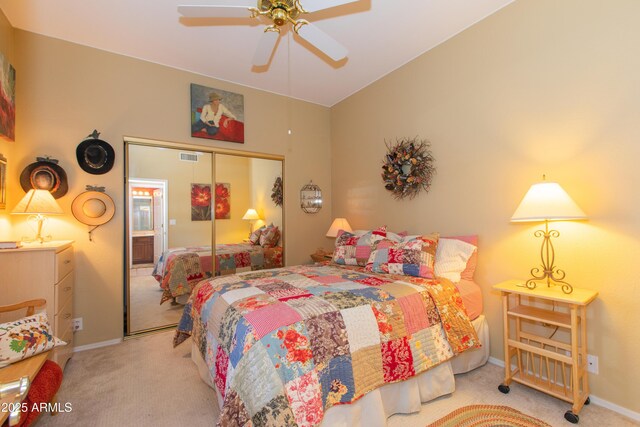 17342 E Quail Ridge Dr, Fountain Hills, AZ 85268 - bedroom with carpet flooring, a closet, baseboards, ceiling fan, and ensuite bathroom
