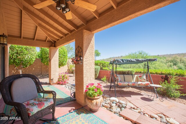 17342 E Quail Ridge Dr, Fountain Hills, AZ 85268 - view of patio / terrace featuring a fenced backyard, an outdoor hangout area, and ceiling fan