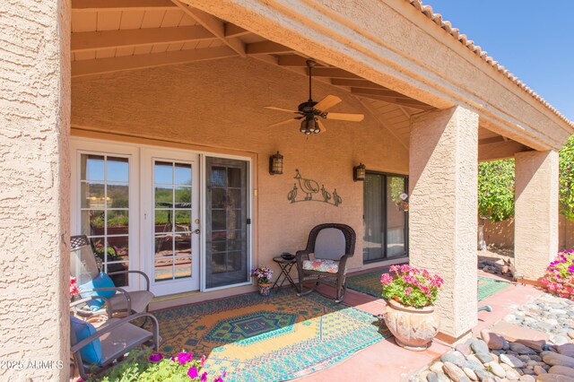 17342 E Quail Ridge Dr, Fountain Hills, AZ 85268 - view of patio / terrace featuring ceiling fan and french doors