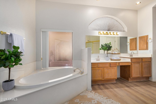 full bathroom featuring a sink, double vanity, wood finished floors, and a bath