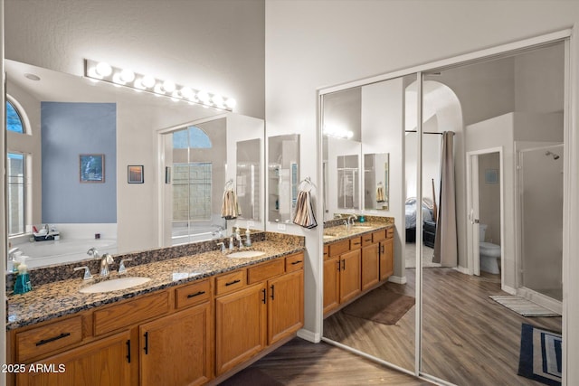 bathroom featuring a towering ceiling, vanity, a tub to relax in, and hardwood / wood-style flooring