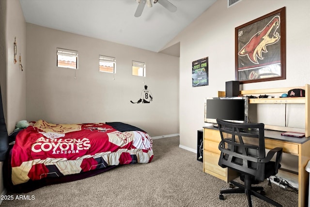 bedroom featuring lofted ceiling, ceiling fan, and carpet flooring