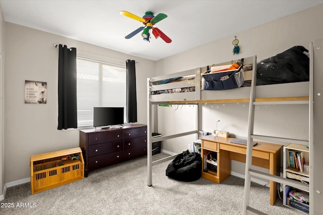 carpeted bedroom with ceiling fan