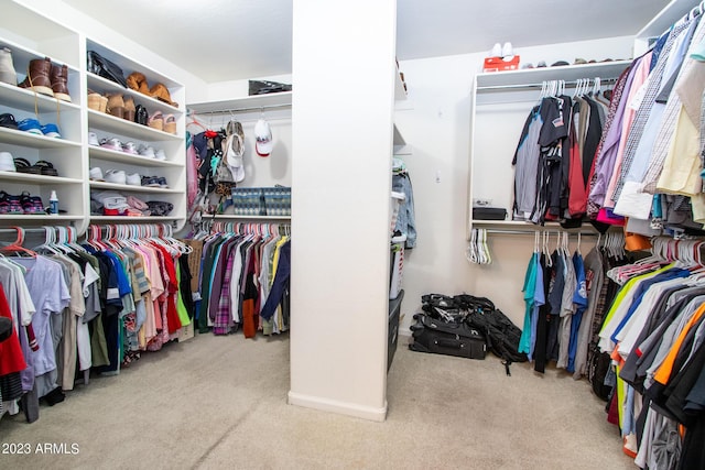 walk in closet featuring light carpet