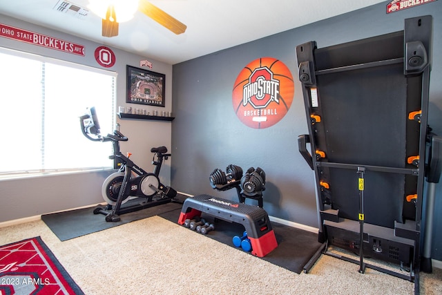 exercise room featuring ceiling fan and carpet flooring