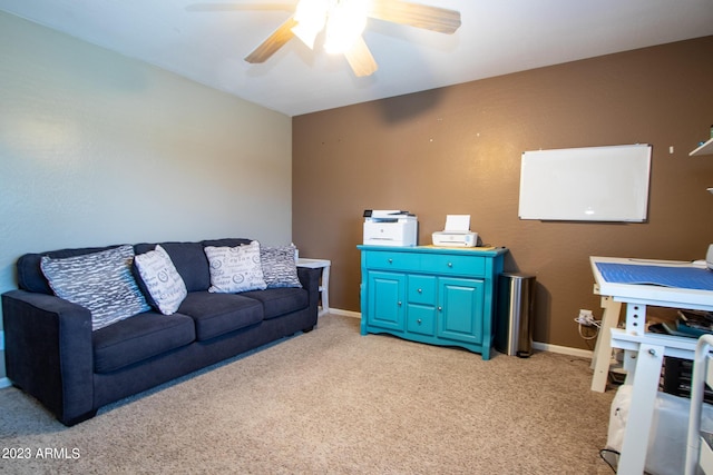 living room featuring light carpet and ceiling fan