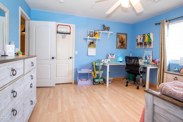 bedroom featuring ceiling fan and light hardwood / wood-style flooring