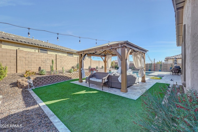 view of yard with a gazebo, a patio area, and outdoor lounge area