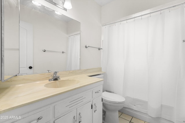 full bathroom with toilet, tile patterned flooring, a shower with curtain, and vanity