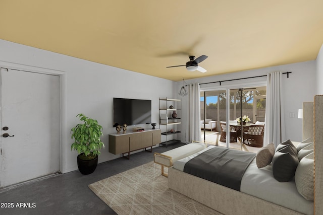 bedroom with ceiling fan and access to exterior