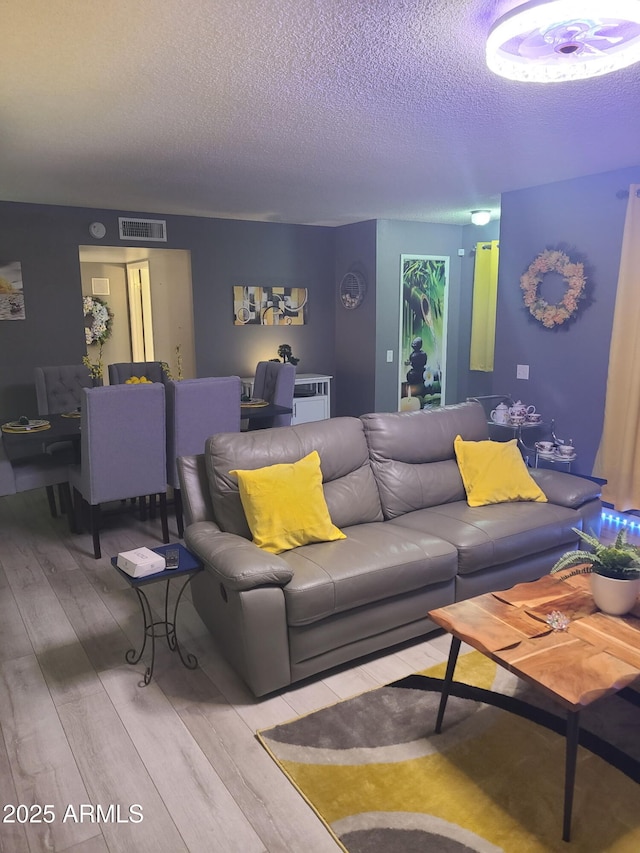 living room featuring hardwood / wood-style floors and a textured ceiling