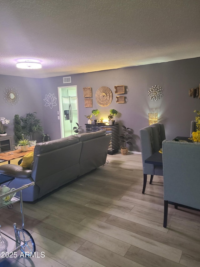 living room with wood-type flooring and a textured ceiling