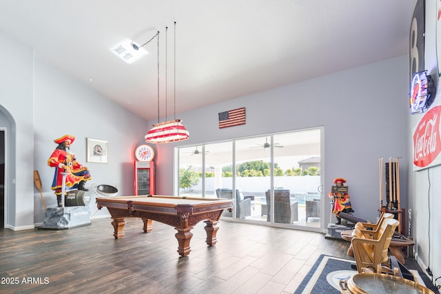 game room with dark wood-type flooring, billiards, and ceiling fan