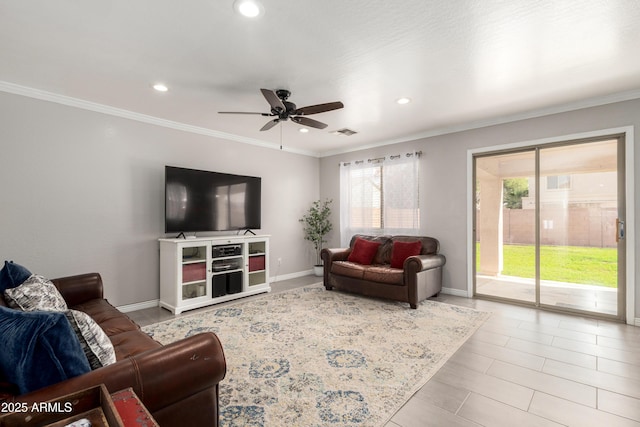 living area featuring ornamental molding, recessed lighting, visible vents, and ceiling fan