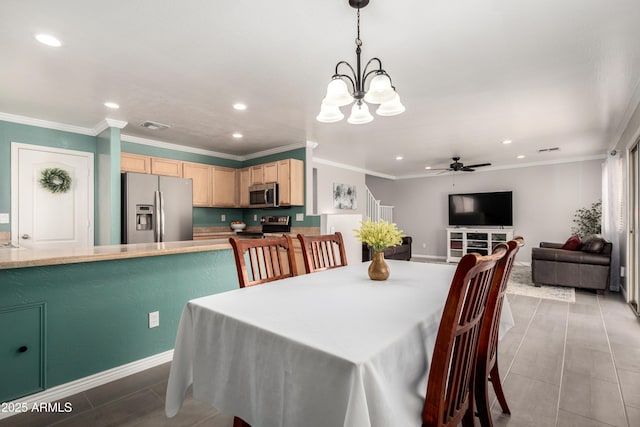 dining area with recessed lighting, ceiling fan with notable chandelier, and crown molding