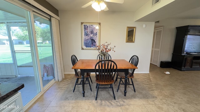 dining space with light tile patterned floors, visible vents, baseboards, and a ceiling fan