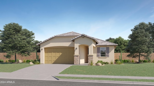 mediterranean / spanish home featuring an attached garage, a front lawn, fence, stucco siding, and driveway